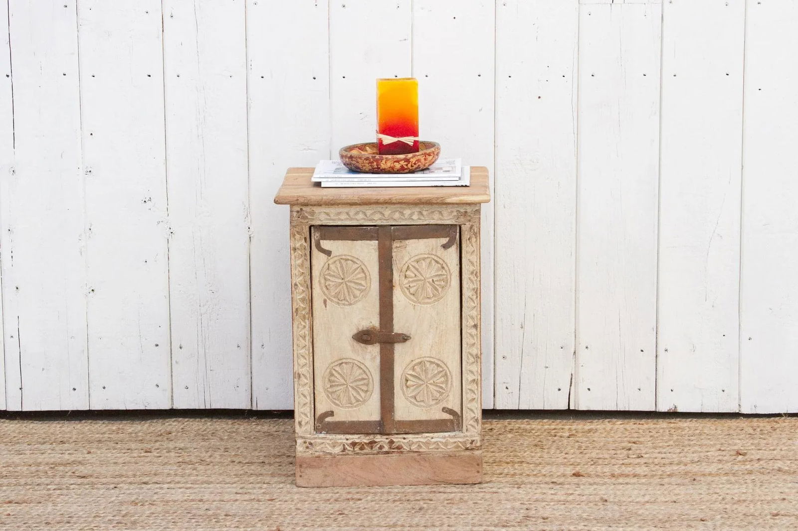 Rustic Carved Front Bleached Bedside Cabinet - 2