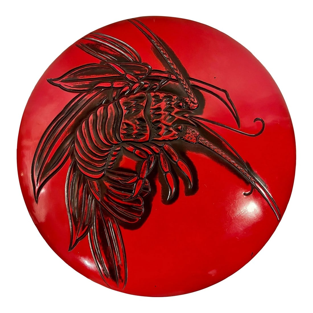 Vintage Laquered Japanese Lazy Susan With Prawn Design: Introducing the stunning Vintage 1960's Japanese Red Lacquered Lazy Susan with Prawn Design Tray Set! This exquisite piece is not only a functional serving accessory but also a work of art that will