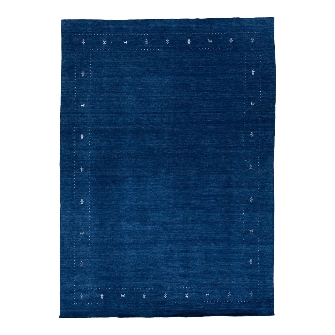 Modern Hand-Loomed Minimalist Gabbeh Wool Rug in Blue: This modern Gabbeh rug is hand-loomed with a contemporary minimalist geometric pattern. The blue base is accented with white details. This rug measures 10' x 13'9". Condition: Imperfections: No Imperf