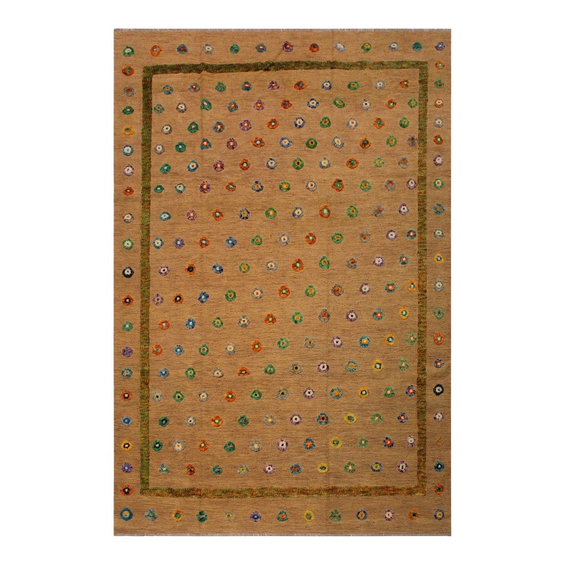 1990s 1990s Abstract Moroccan High-Low Tan/Green Wool Rug - 8'10'' X 11'4'': Make a statement in your home with this meticulously hand-knotted high-low pile Moroccan wool rug. An intricate design made with luxurious wool and exquisite coloration makes this extravagant rug a