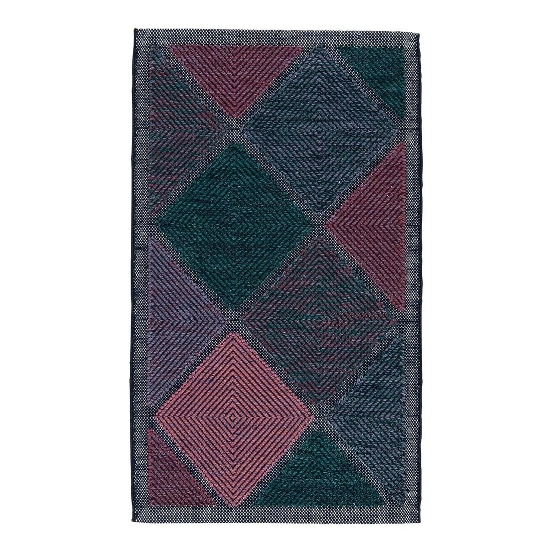 Modern Swedish Style Scatter Wool Rug Green and Pink Geometric Pattern: This flatweave rug showcases a contemporary Swedish design with a gray base. It's accented with green, purple, and pink geometric patterns throughout This rug measures 3'1" x 5'2". Our rugs are