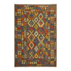 1990s 1990s Boho Chic Kilim Brown Blue Wool Rug - 5'6" X 7'9"