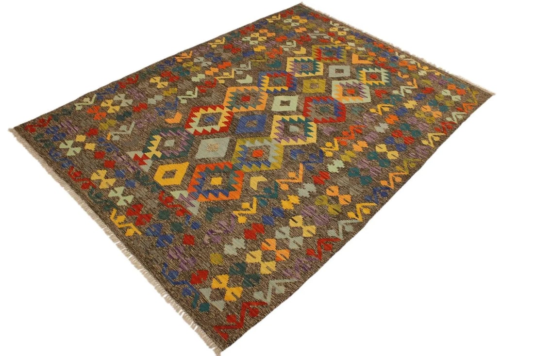 1990s 1990s Boho Chic Kilim Brown Blue Wool Rug - 5'6" X 7'9" - 2
