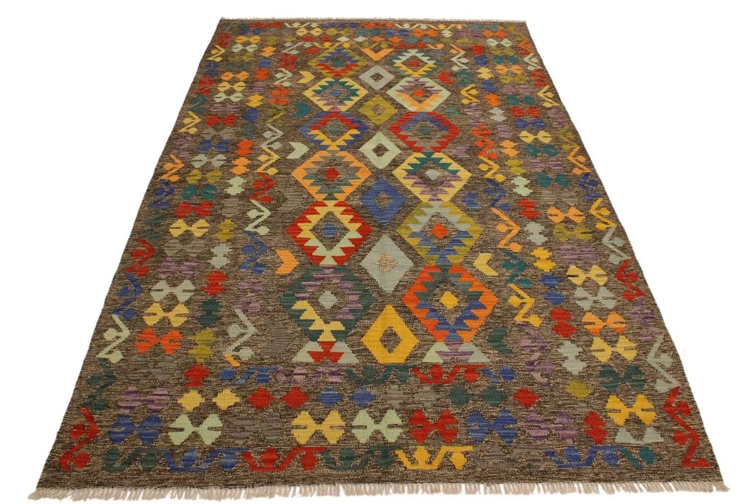 1990s 1990s Boho Chic Kilim Brown Blue Wool Rug - 5'6" X 7'9" - 3