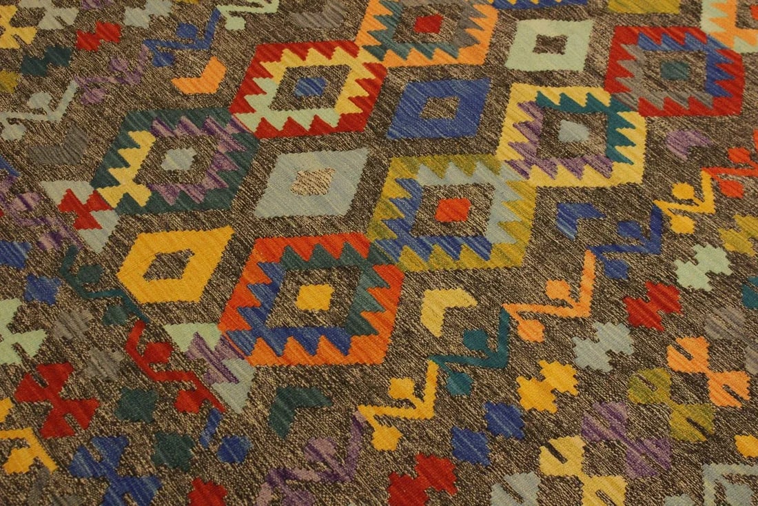 1990s 1990s Boho Chic Kilim Brown Blue Wool Rug - 5'6" X 7'9" - 7