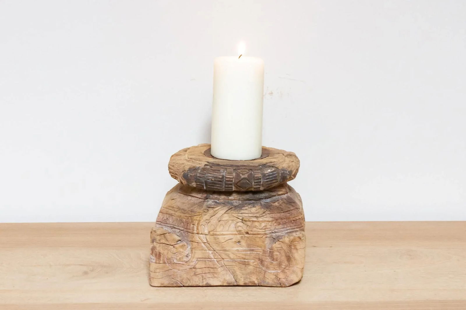 Aria Carved Wood Candle Holder - 6