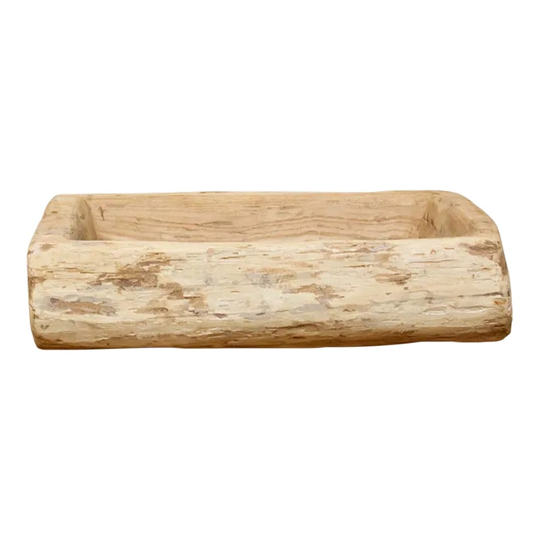 Idu Cabin Style Wood Centerpiece: An old log trough rustic planter showing an aged bleached finish. This rustic planter features a hollow center, making it the perfect vessel for plants, flowers, succulents, and more. Bursting with ch