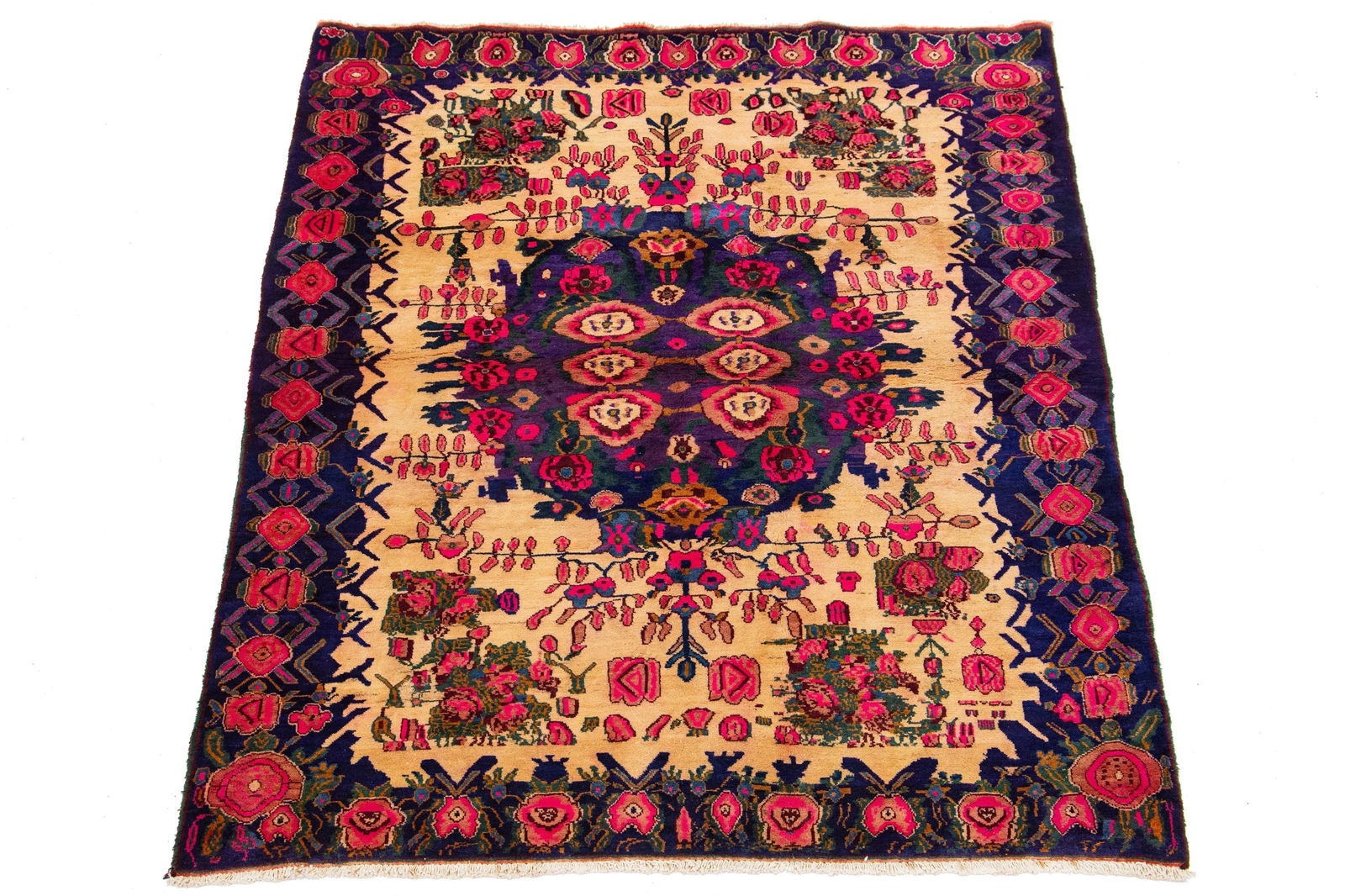 1960s Vintage Bidjar Persian Wool Rug With Purple and Pink Rosette Motif - 2