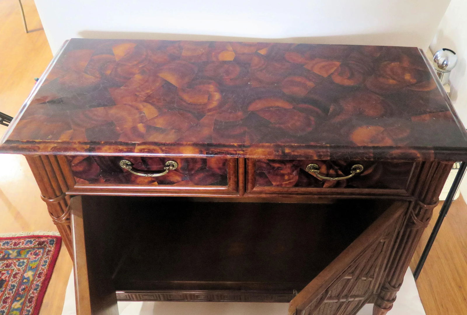 1970s Bamboo Rattan Faux Tortoiseshell Louis XVI Style Bar - 2