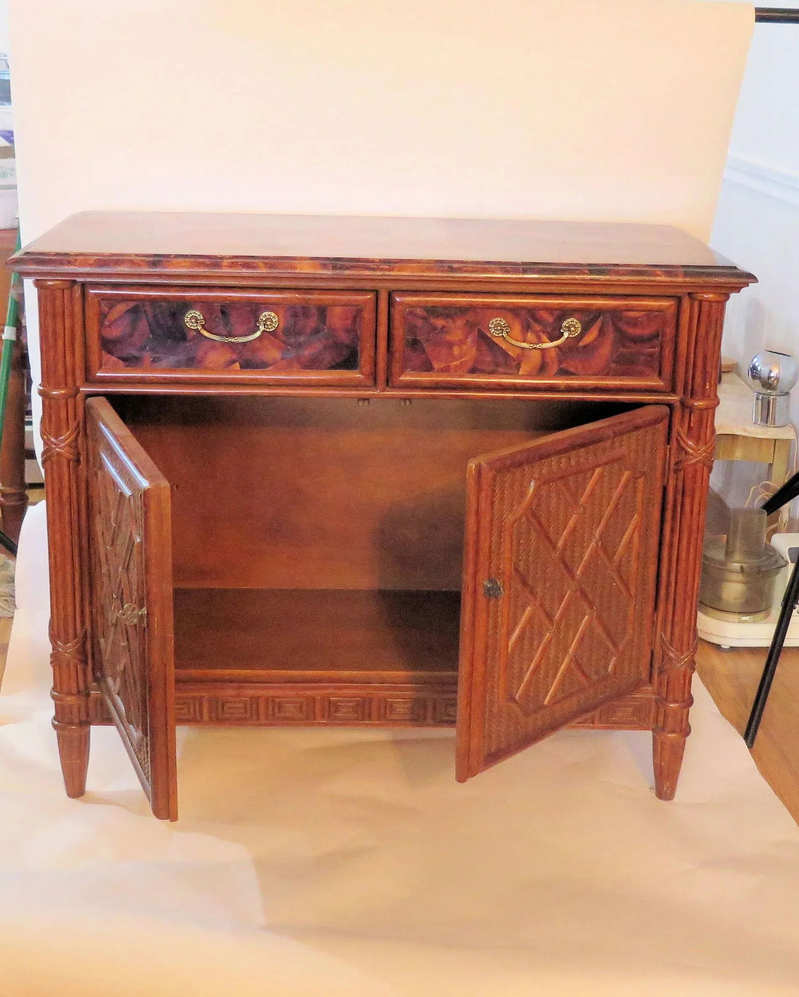 1970s Bamboo Rattan Faux Tortoiseshell Louis XVI Style Bar - 3