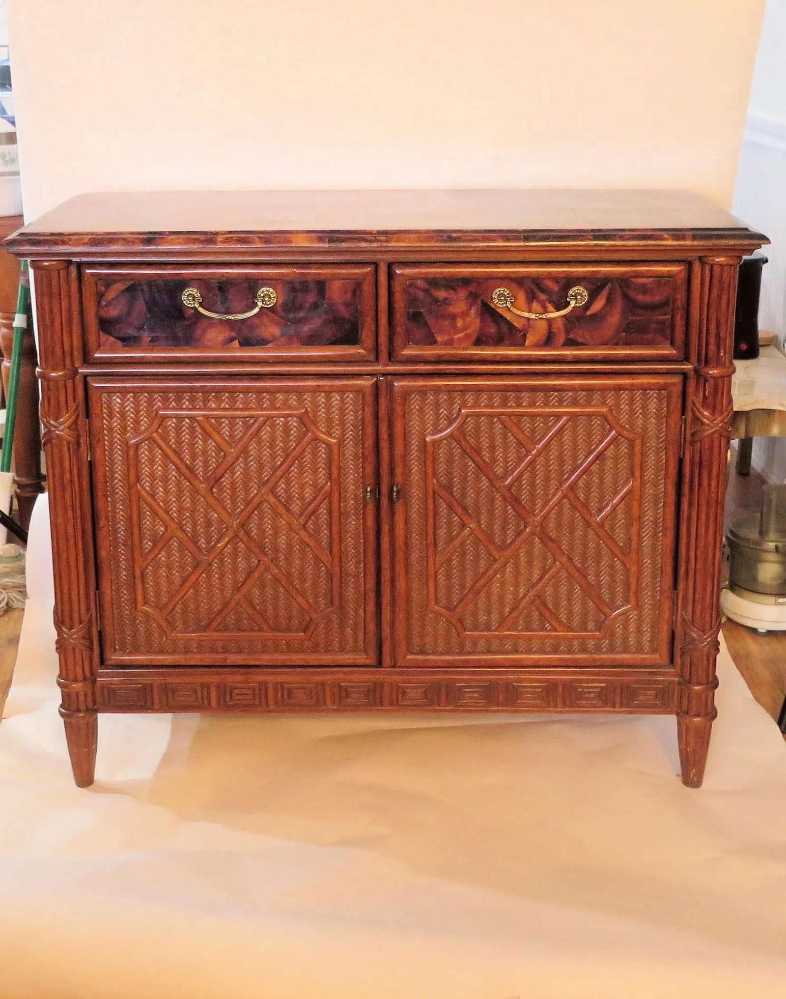 1970s Bamboo Rattan Faux Tortoiseshell Louis XVI Style Bar - 6