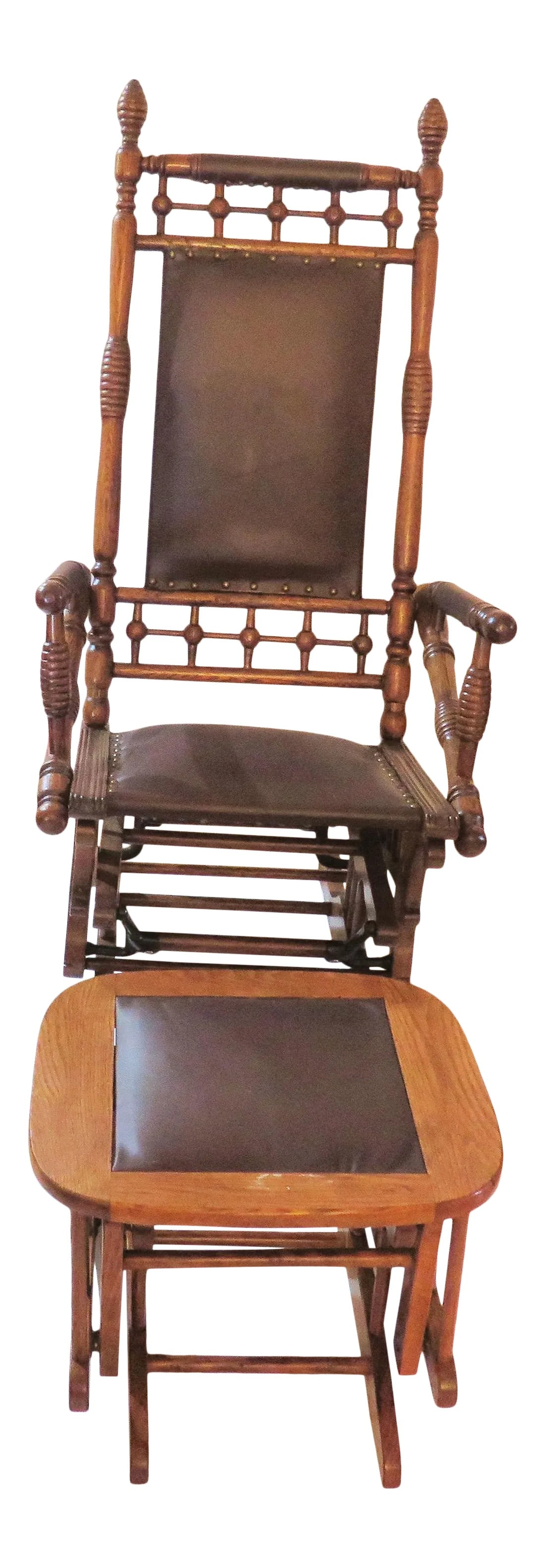 Antique Hunzinger Walnut Platform Rocker & Ottoman, 2 Pieces: George Hunzinger was a premier handcrafted glider rocking chair maker from 1880-1910. It's a rarity to find a glider with ottoman that matches the hand-turned rocker. The rocker is a patented "duplex