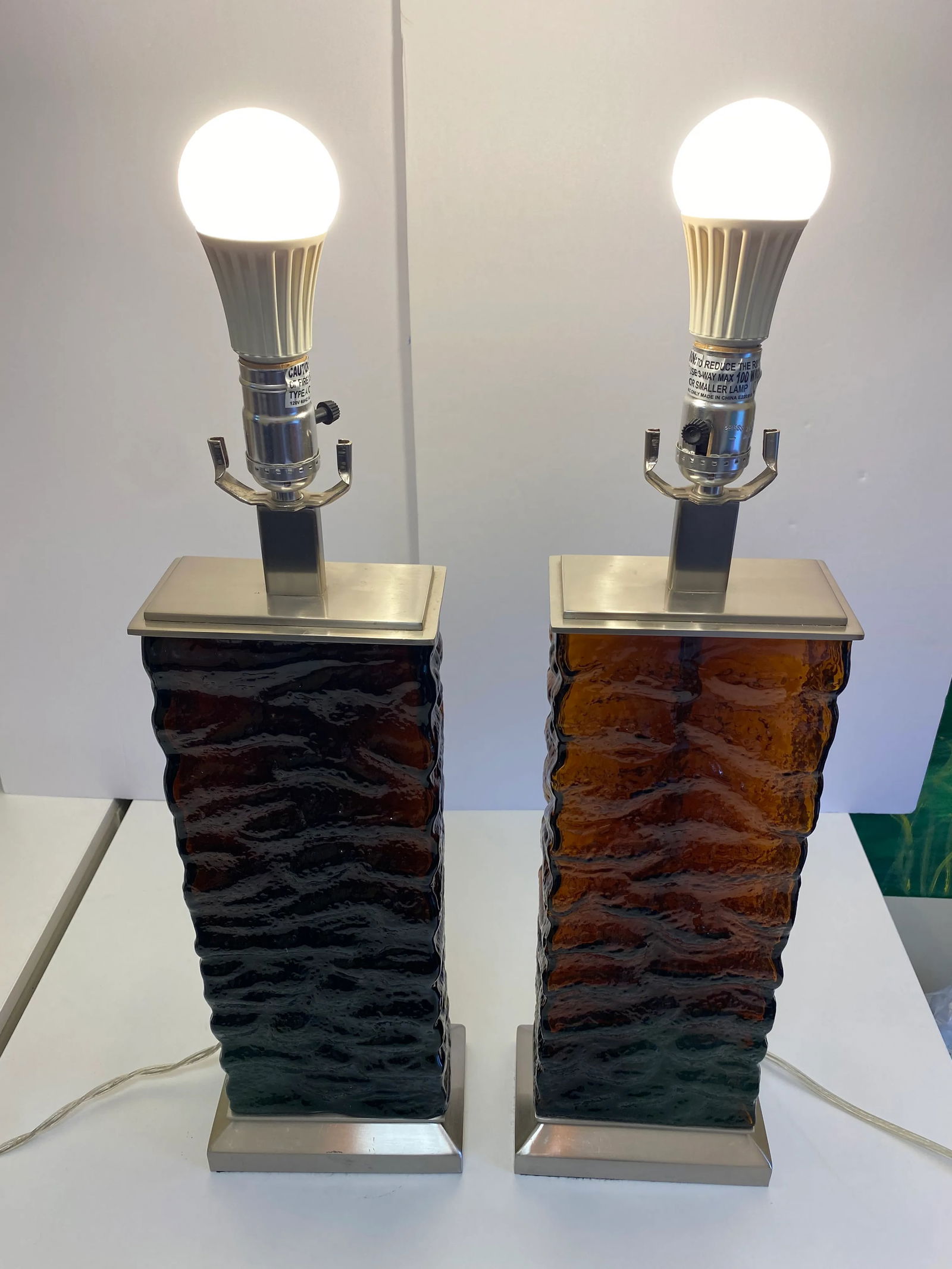 Vintage MidCentury Modern Wavy Amber Glass Table Lamps - a Pair - 2