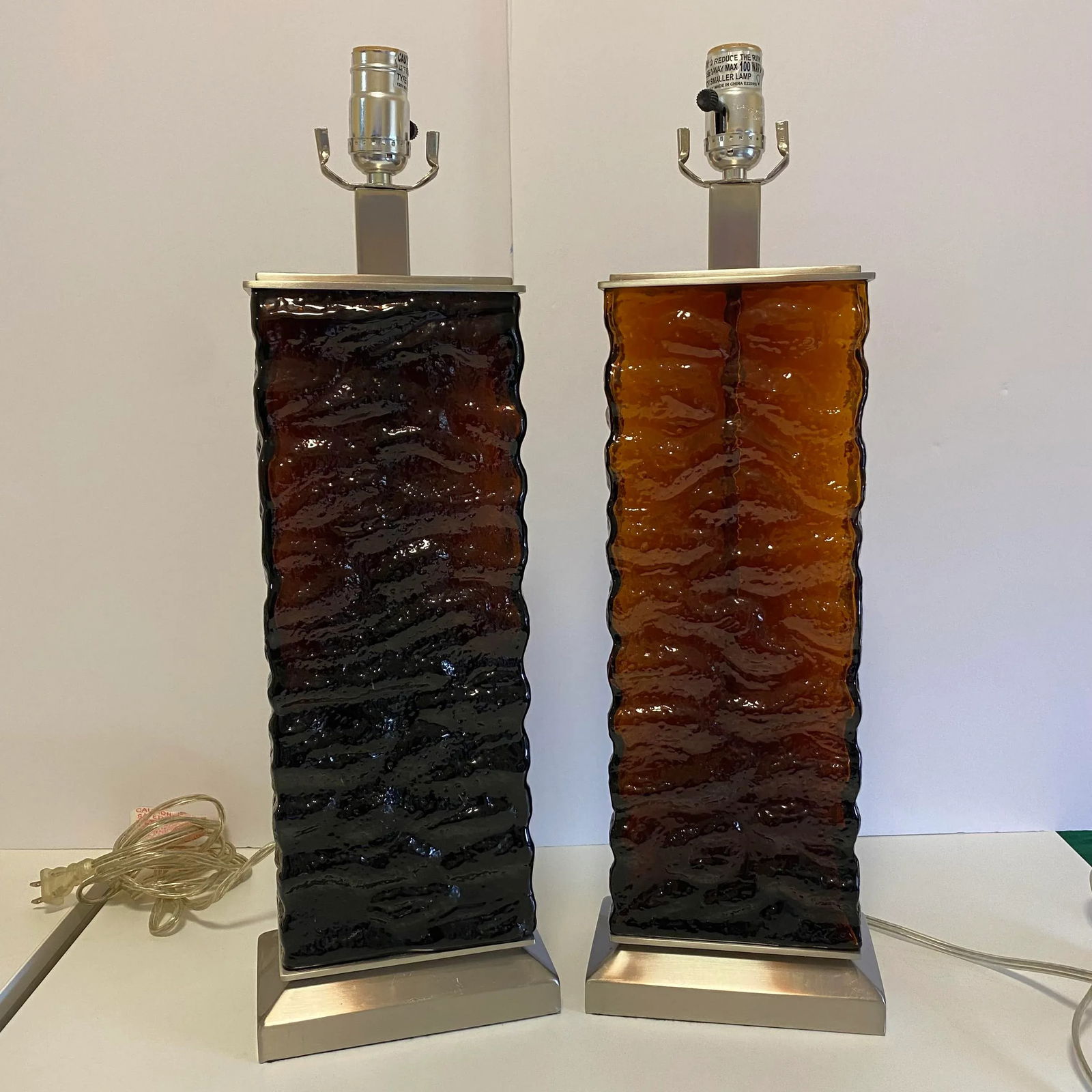Vintage MidCentury Modern Wavy Amber Glass Table Lamps - a Pair - 3