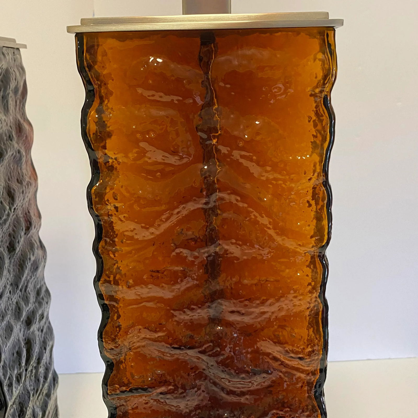 Vintage MidCentury Modern Wavy Amber Glass Table Lamps - a Pair - 7