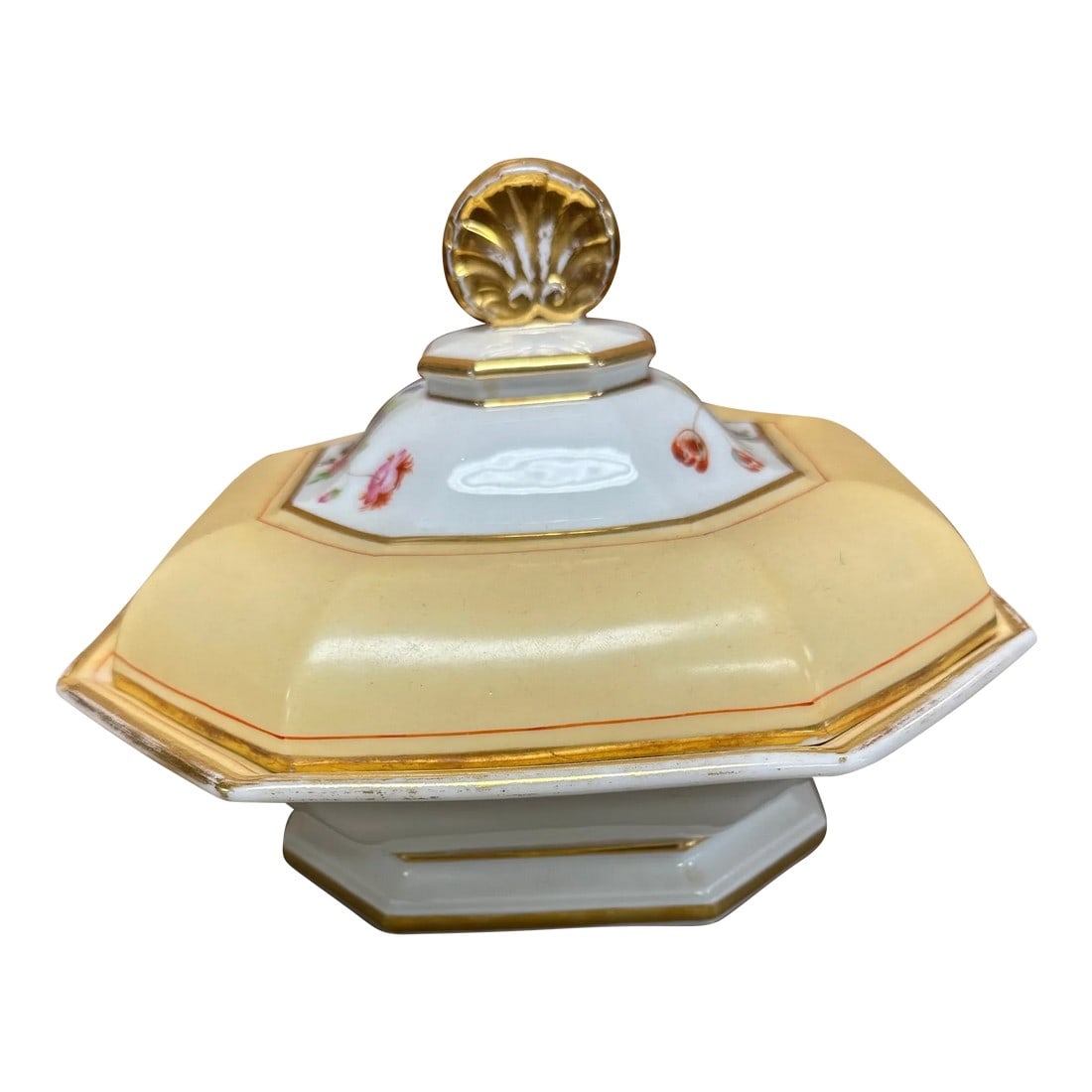 Antique Old Paris Porcelain Covered Vegetable or Soup Tureen with Painted Flowers and Apricot Yellow: A very nice Greek revival period Old Paris porcelain piece from France Very lovely and rare pattern. Only other set known is at Hyde Hall in Cooperstown New York. 1820s and probably retailed on