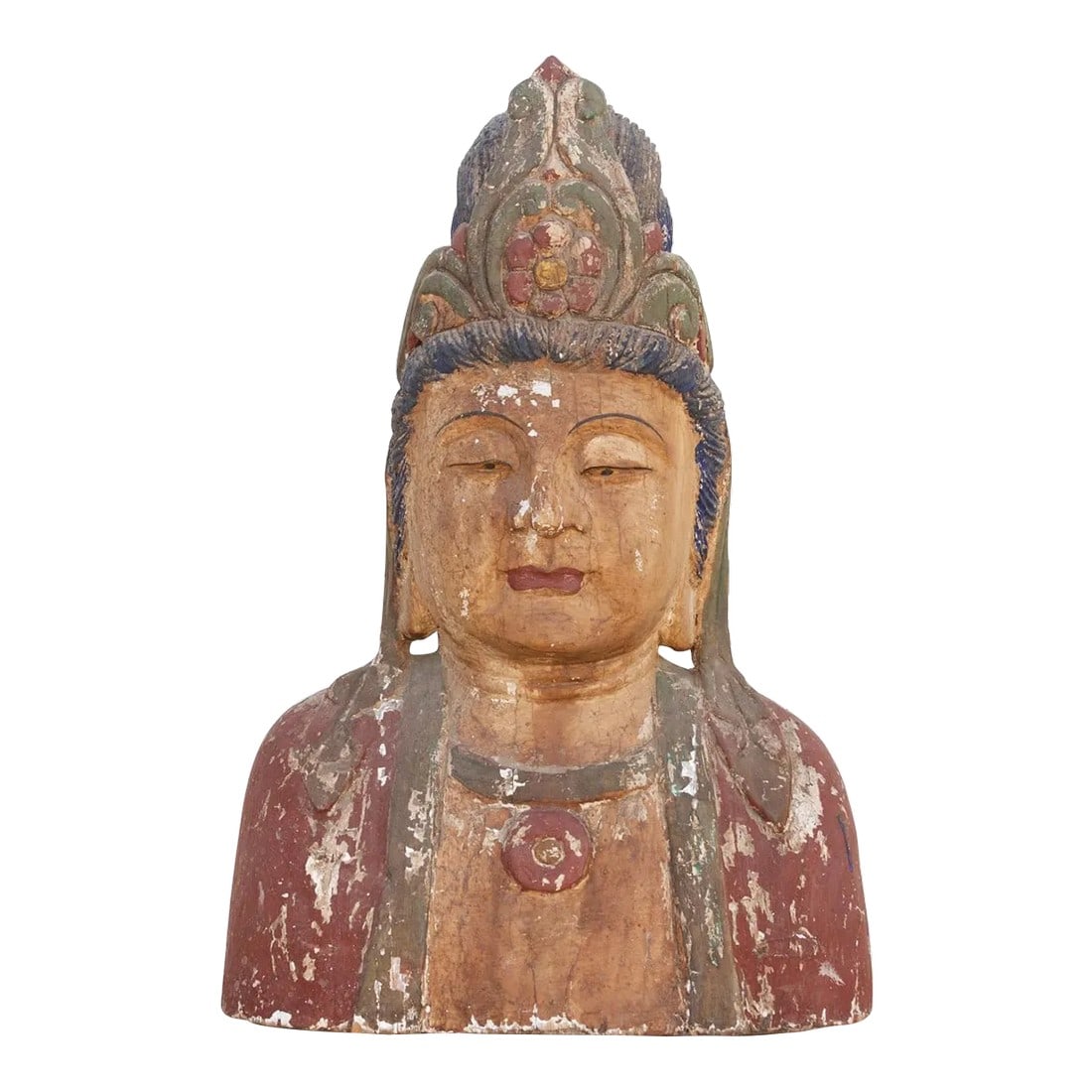 Antique Quan-Yin Wooden Bust: A painted antique Quan- Yin bust from Burma ( Myanmar), this wooden bust has a peaceful expression with down cast eyes that still retains its original colors of rust, blue and red. **Please bear in