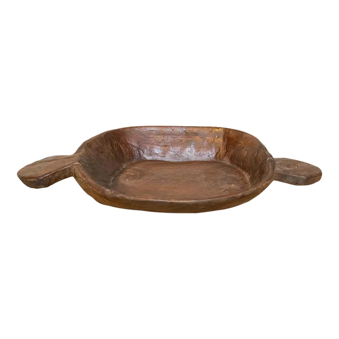 Vintage Indian Fruit Bowl: A vintage oval wooden bowl originally used for kneading dough to make bread. It features two side handles and a beautiful hand-carved shape crafted from a single dense solid block of wood and has a gr
