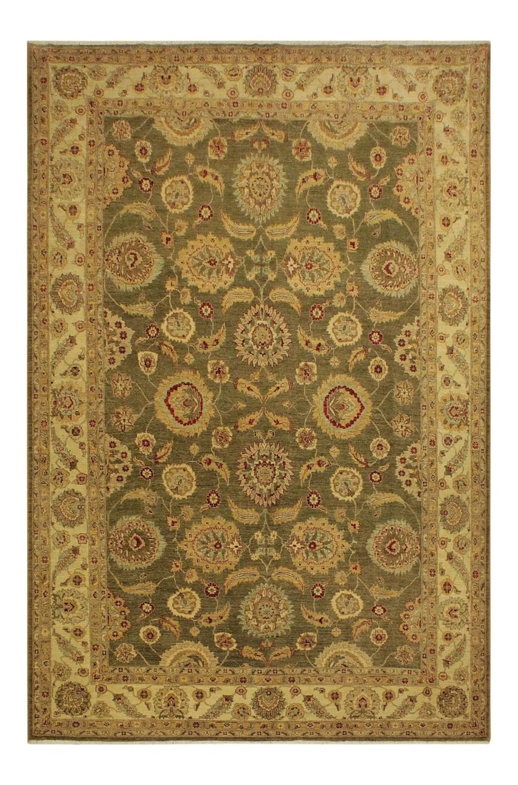 1990s Boho Chic Kafkaz Lt. Green/Ivory Wool Rug -10'1 X 13'10: A Persian influenced Turkish hand knotted rug made by skilled artisans capable of creating the most exceptional vegetable dyes and hand-spun New Zealand wool. This gorgeous one of a kind Peshawar