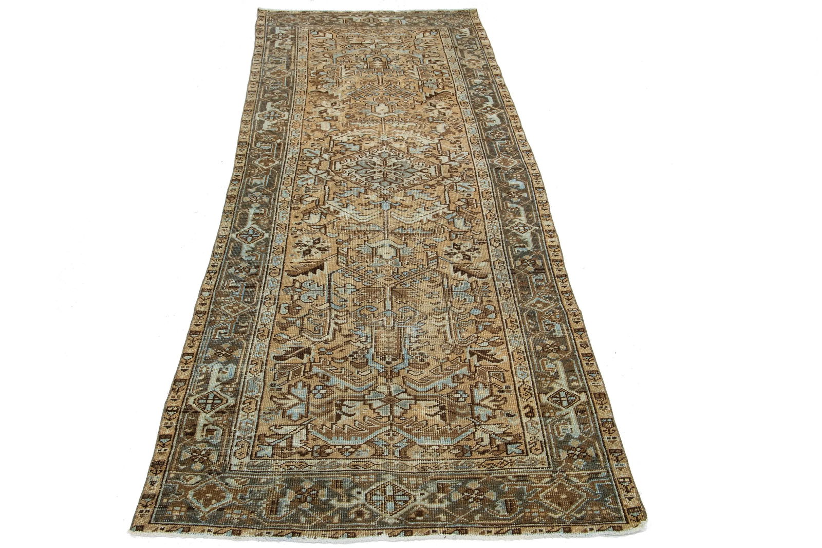 Tribal Antique Heriz Handmade Wool Runner With Brown Field - 2