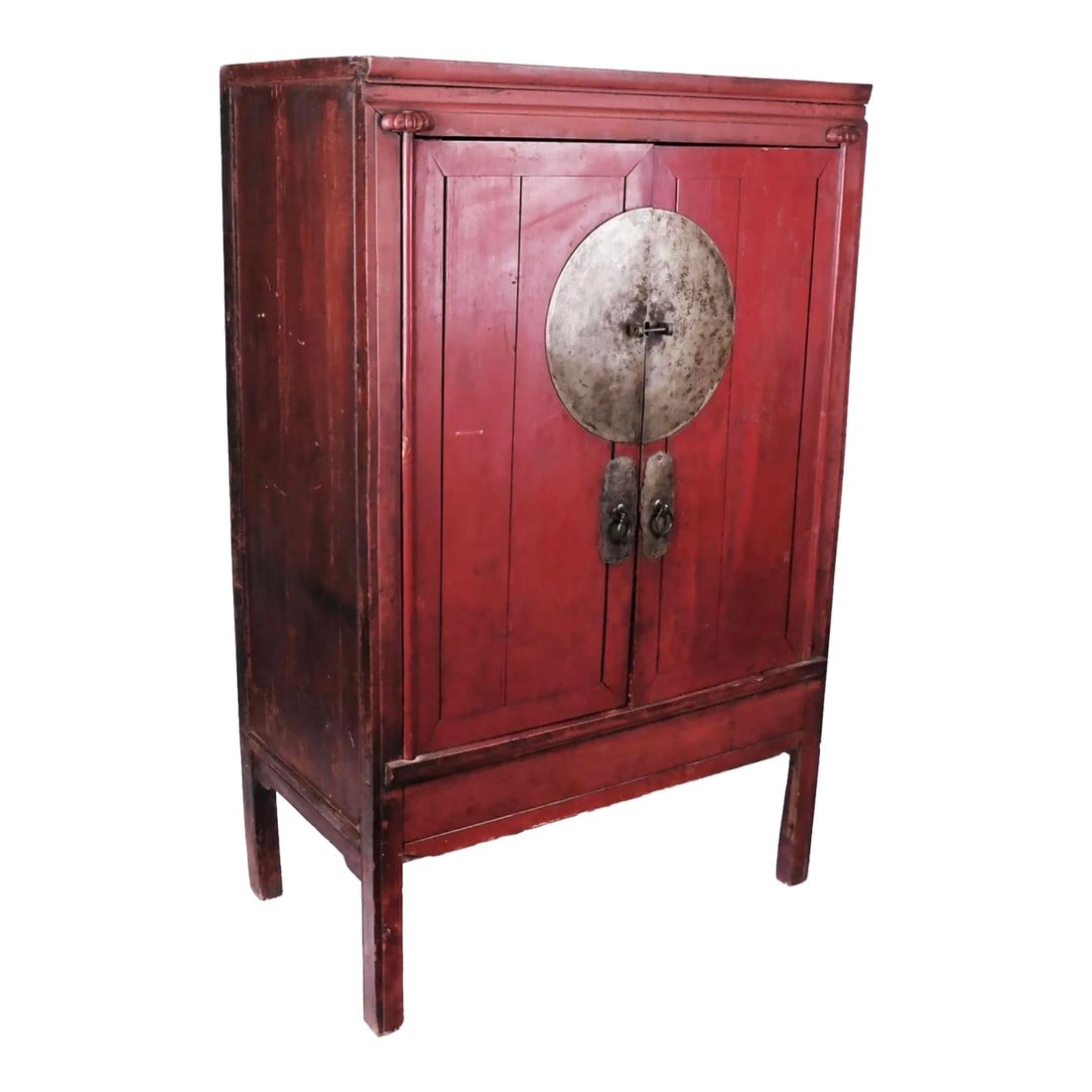 Mid 19th Century Antique Chinese Red Armoire Cabinet: Very well constructed Chinese armoire cabinet stained red. Brass medallion on door has a lovely green patina Condition: Alterations: Original Condition Unaltered Imperfections: Some Imperfections Cond