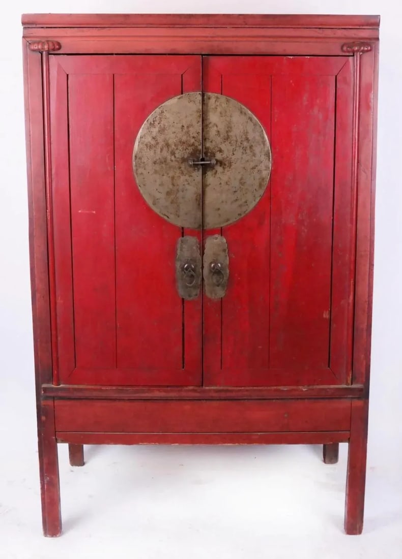Mid 19th Century Antique Chinese Red Armoire Cabinet - 6