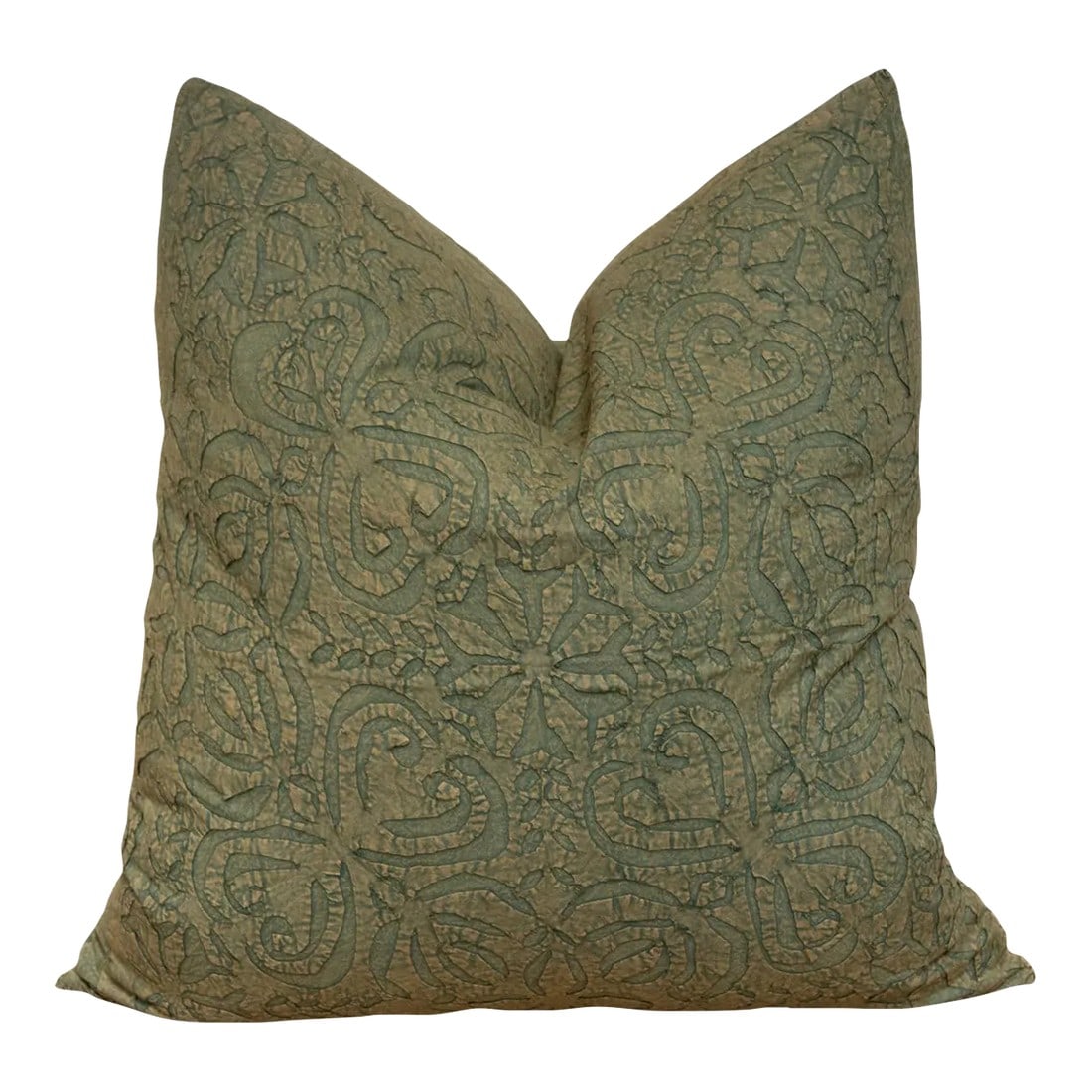Moss Green Handmade Pillow Cover: This vibrant decorative pillow cover features beautiful array of patterns, with hand crafted appliqué cut work, giving it a timeless appeal. Initially, this ancient Indian technique called appliq