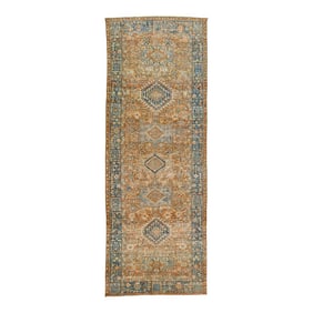 Orange Antique Heriz Handmade Wool Runner Featuring an Allover Geometric Motif