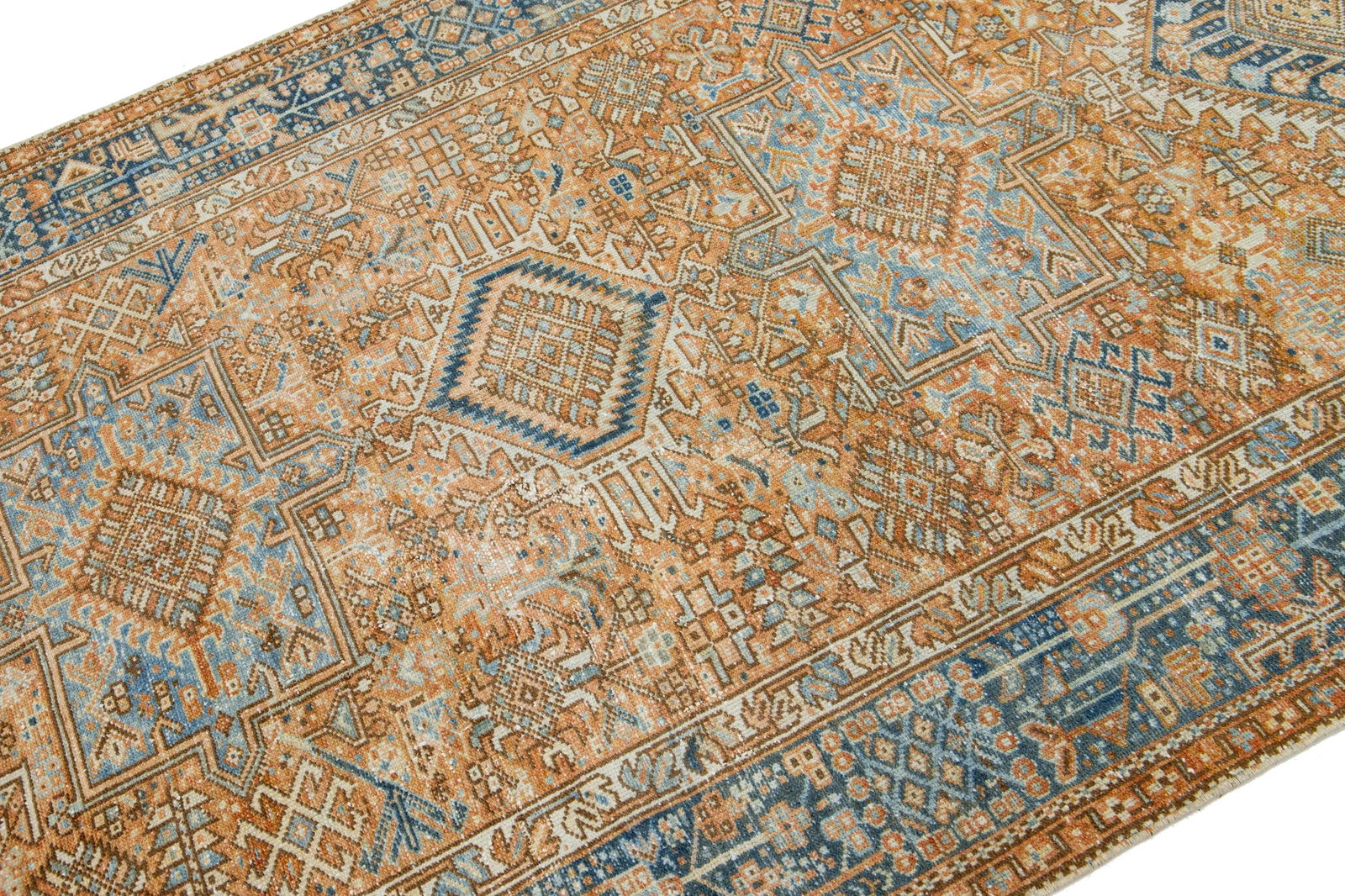 Orange Antique Heriz Handmade Wool Runner Featuring an Allover Geometric Motif - 4