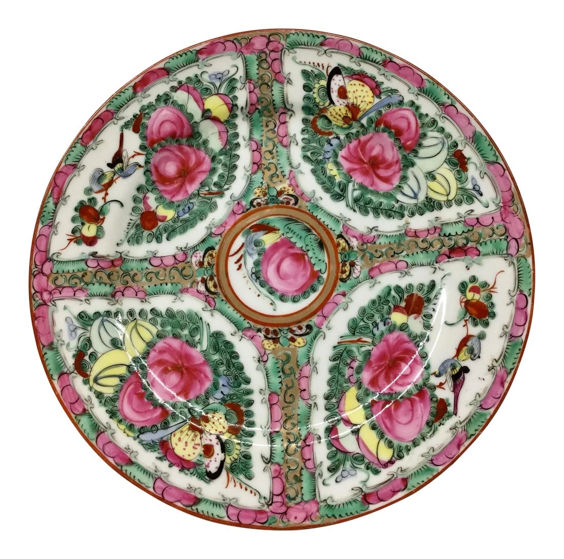1940s Asian Hand Painted Decorative Plate: Decorative plate hand painted in Macau. This pretty vintage plate has the colors of the season. Brighten up any room with this beauty. In wonderful condition with only 2 "Rub Marks" which are hard to