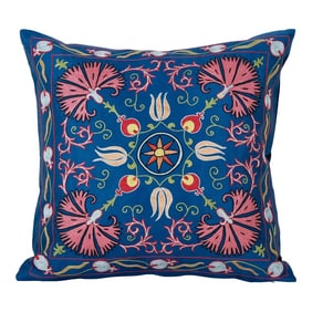 Suzani Royal Blue Silk on Silk Pillow Fashioned From a Mid-20th Century Samarkand Suzani