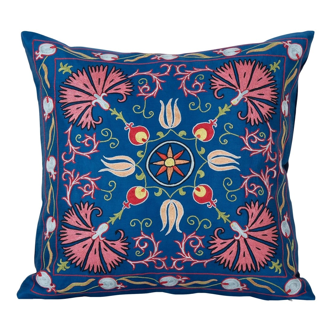 Suzani Royal Blue Silk on Silk Pillow Fashioned From a Mid-20th Century Samarkand Suzani: Suzani Royal Blue Silk on Silk Pillow Fashioned From a Mid-20th Century Samarkand Suzani The vintage cotton fabric (Uzbek Caftans) we used for these pillow covers dates back to 20th C. and it is