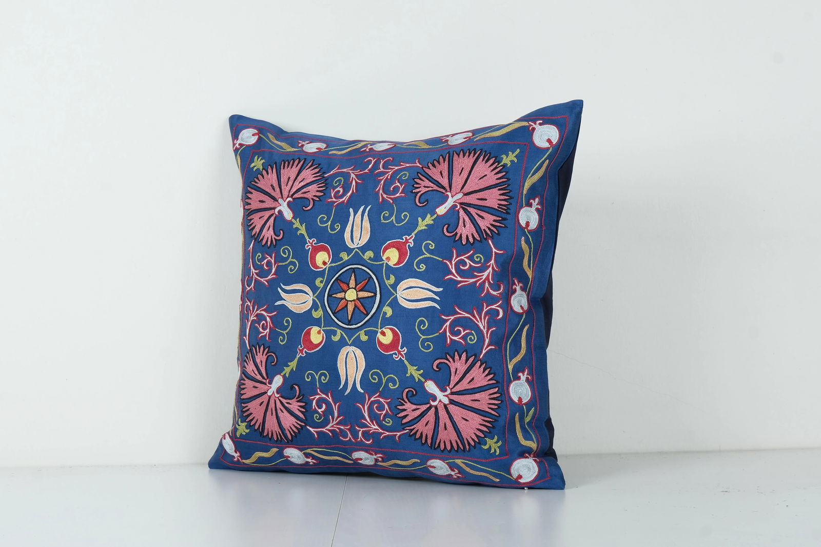 Suzani Royal Blue Silk on Silk Pillow Fashioned From a Mid-20th Century Samarkand Suzani - 2