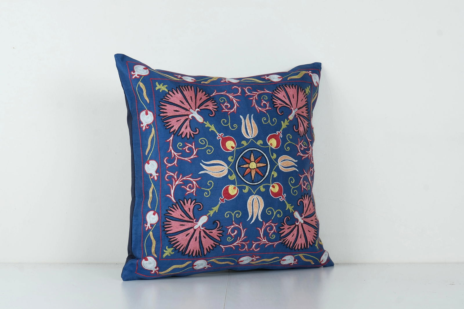 Suzani Royal Blue Silk on Silk Pillow Fashioned From a Mid-20th Century Samarkand Suzani - 3