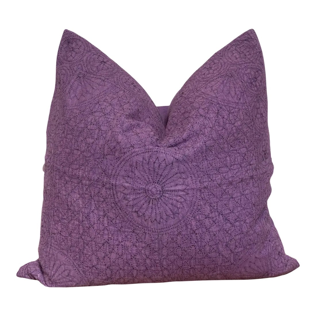 Ripe Plum Hand-Stitched Pillow Cover: Celebrate the feminine with the handmade filanan hand stitched pillow cover. This ornate textile is cotton based and adorned with the Meghval tribe's thread work. The embroidered medallions in this