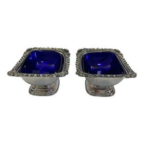 Vintage Ellis Barker English Silver Plate Cobalt Glass Salt Cellars - a Pair