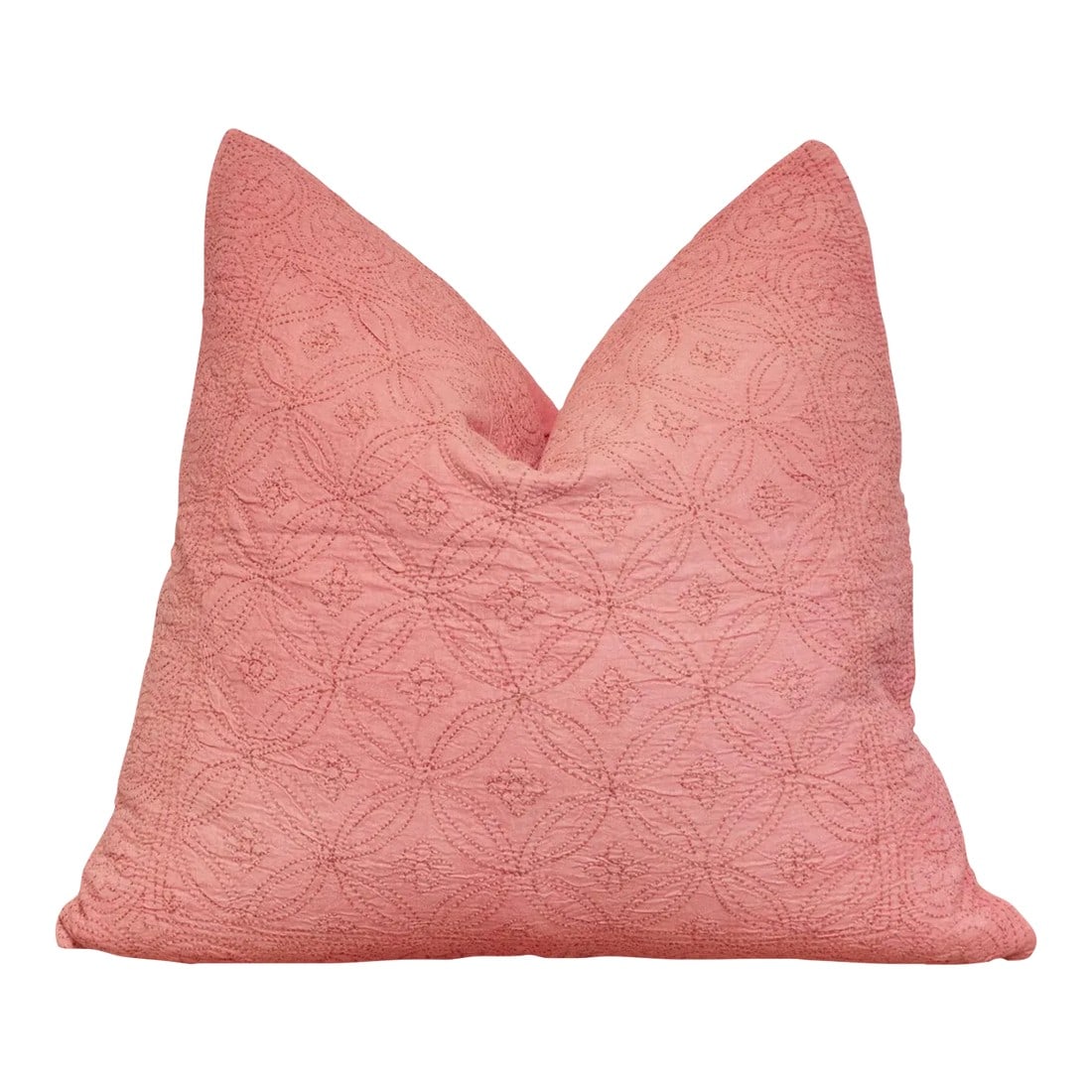 Rose Quartz Hand-Stitched Pillow Cover: Celebrate the feminine with the handmade filanan hand stitched pillow cover. This ornate textile is cotton based and adorned with the Meghval tribe's thread work. The embroidered medallions in this in