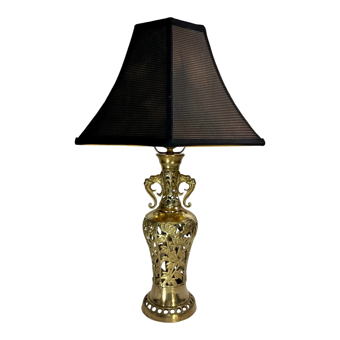 Vintage James Mont Style Reticulated Brass Table Lamp With Bamboo Cherry Blossom and Crane With Blac: This Vintage Mid-Century James Mont style reticulated Brass Lamp with Japanese Bamboo, Cherry Blossom, chrysanthemums, and Crane panel design is an extraordinary piece that exudes elegance and sophist