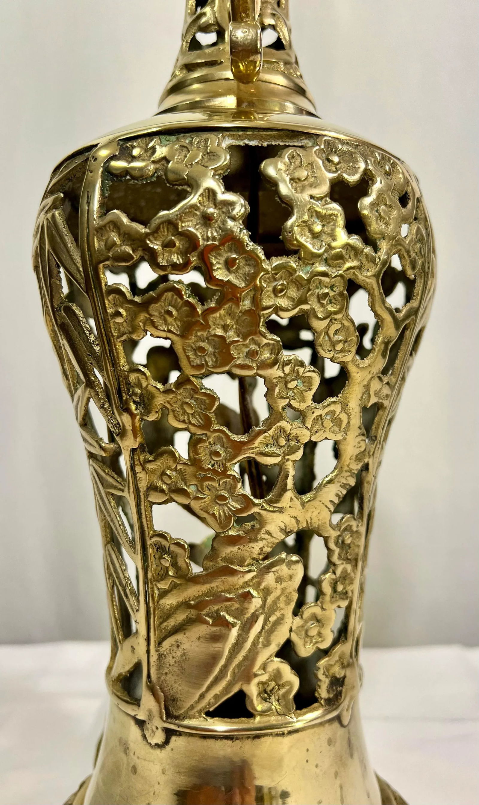 Vintage James Mont Style Reticulated Brass Table Lamp With Bamboo Cherry Blossom and Crane With Blac - 7