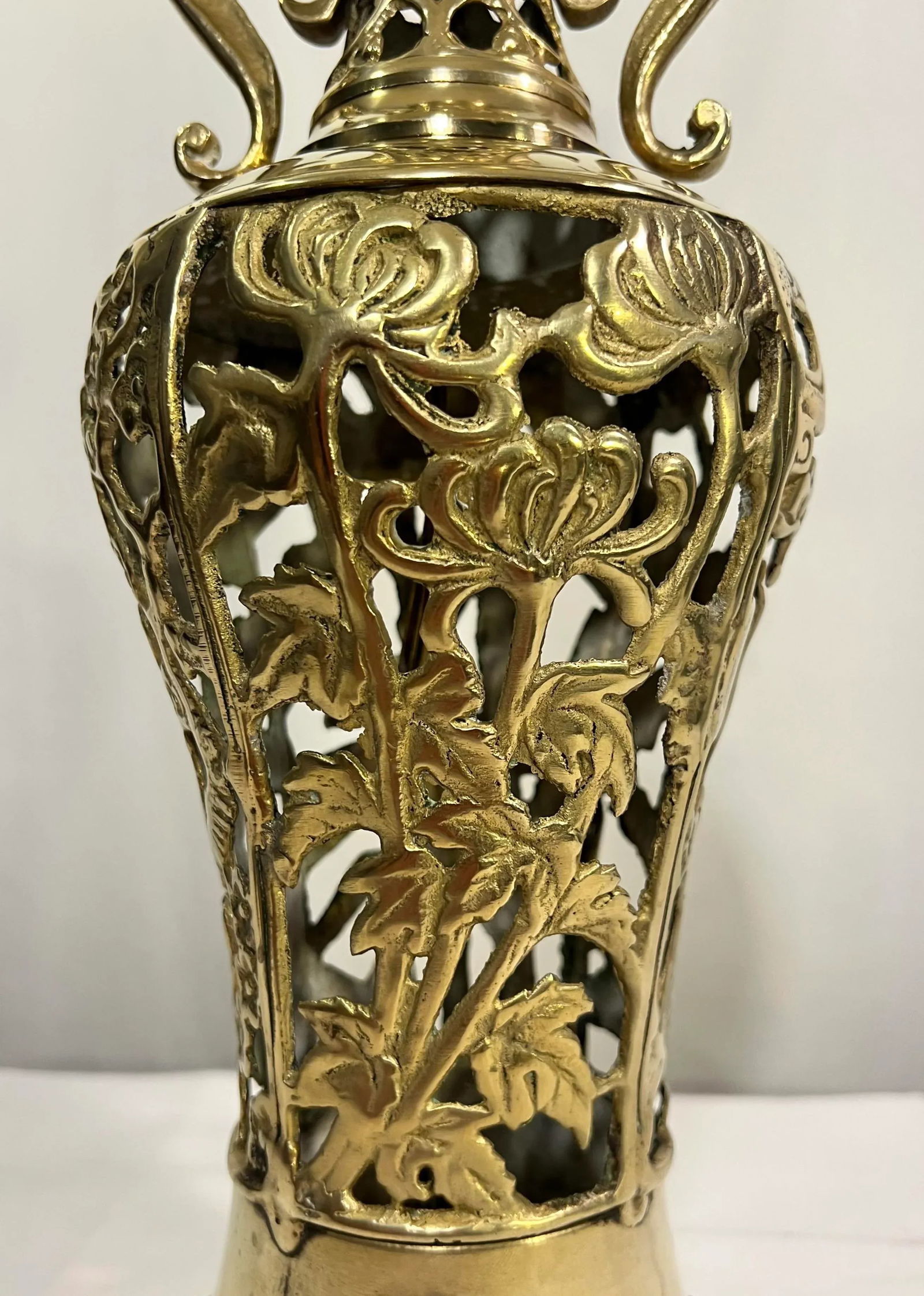 Vintage James Mont Style Reticulated Brass Table Lamp With Bamboo Cherry Blossom and Crane With Blac - 8