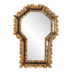 Spanish Hollywood Regency Gilt Mirror With Keyhole Form and Etched Blue Glass