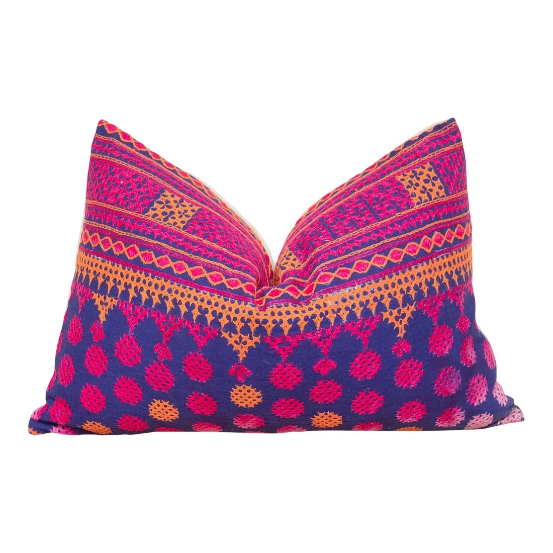 Taman Embroidered Floral Pillow: A lovely hand-embroidered pillow made from vibrant vintage tribal skirts coupled with a new linen back. This intricate lace-like and floral embroidered cotton pillow is the perfect splash of color to