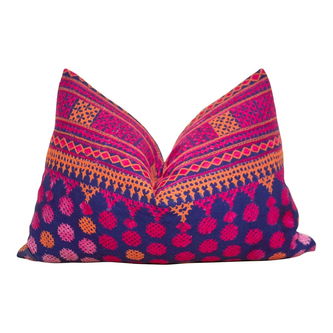 Zoya Embroidered Floral Pillow: A lovely hand-embroidered pillow made from vibrant vintage tribal skirts coupled with a new linen back. This intricate lace-like and floral embroidered cotton pillow is the perfect splash of color to