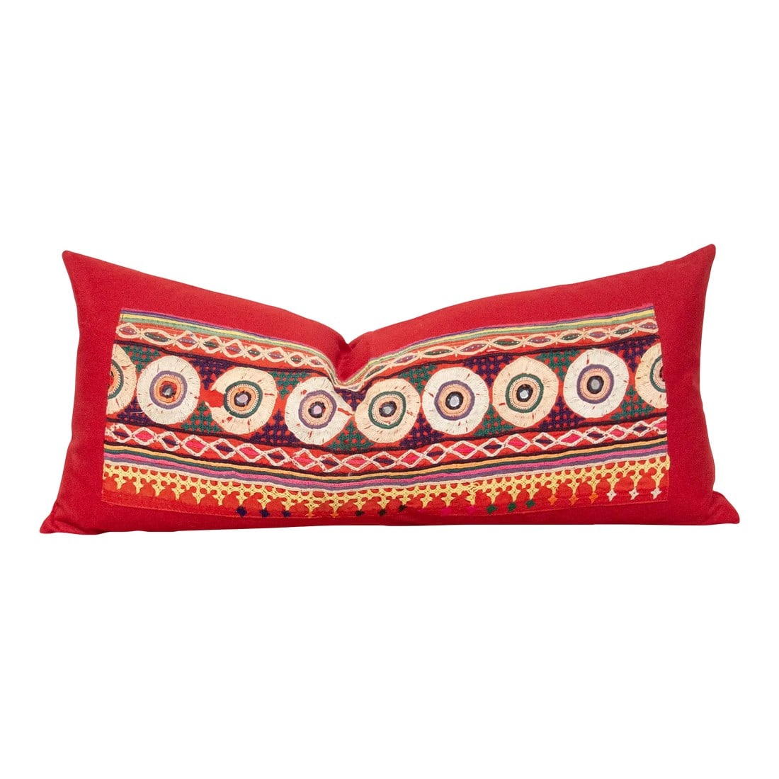 Tipu Nomad Lumbar Pillow: This vintage nomad pillow is a warm & charming mixture of tribal Indian beauty with functionality. Crafted from thick cotton canvas, this pillow showcases a vintage tribal fabric adorned with