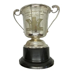 Mid 20th Century Silver Plate on Copper "The Derrick Croxon Golf Trophy" on Black Round Plastic
