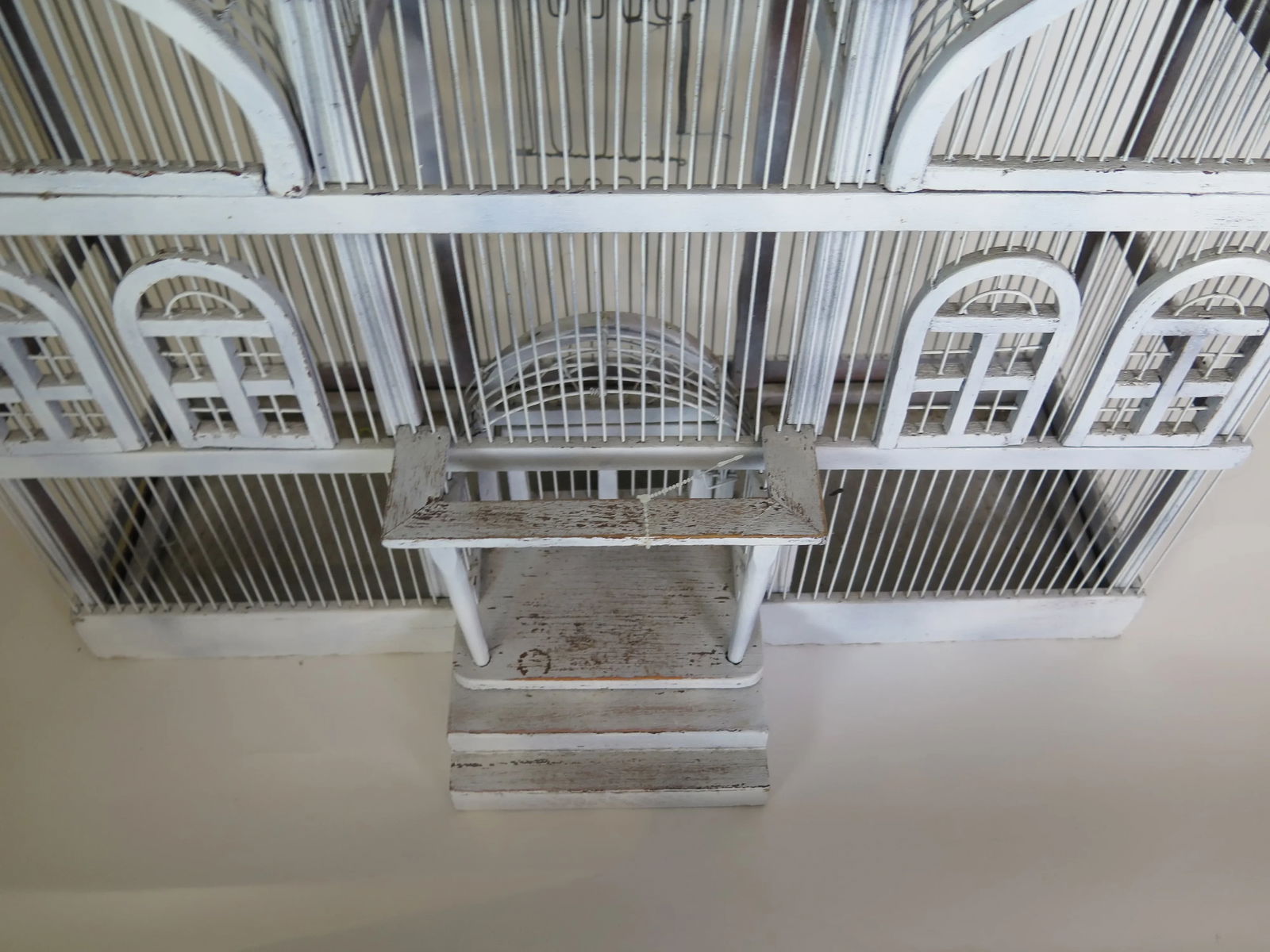 Large French Antique Wooden and Wire Off White Patina Sculptural Bird Cage - 2