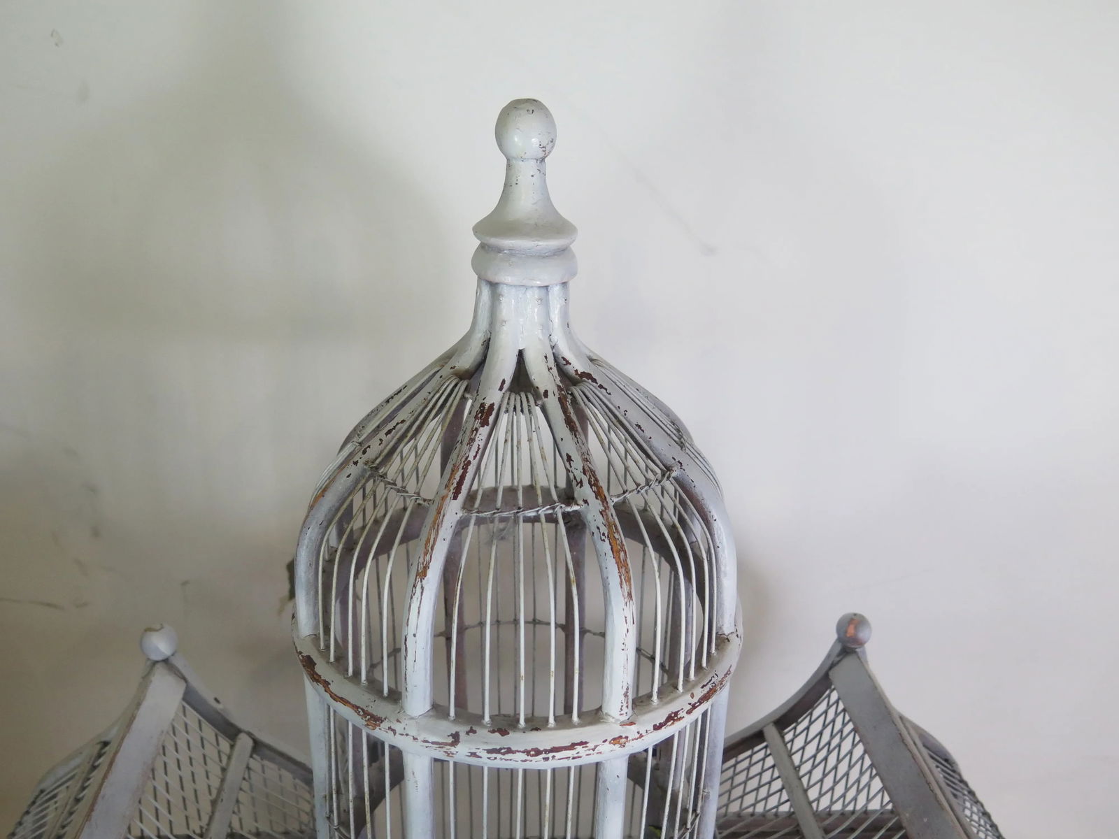 Large French Antique Wooden and Wire Off White Patina Sculptural Bird Cage - 3