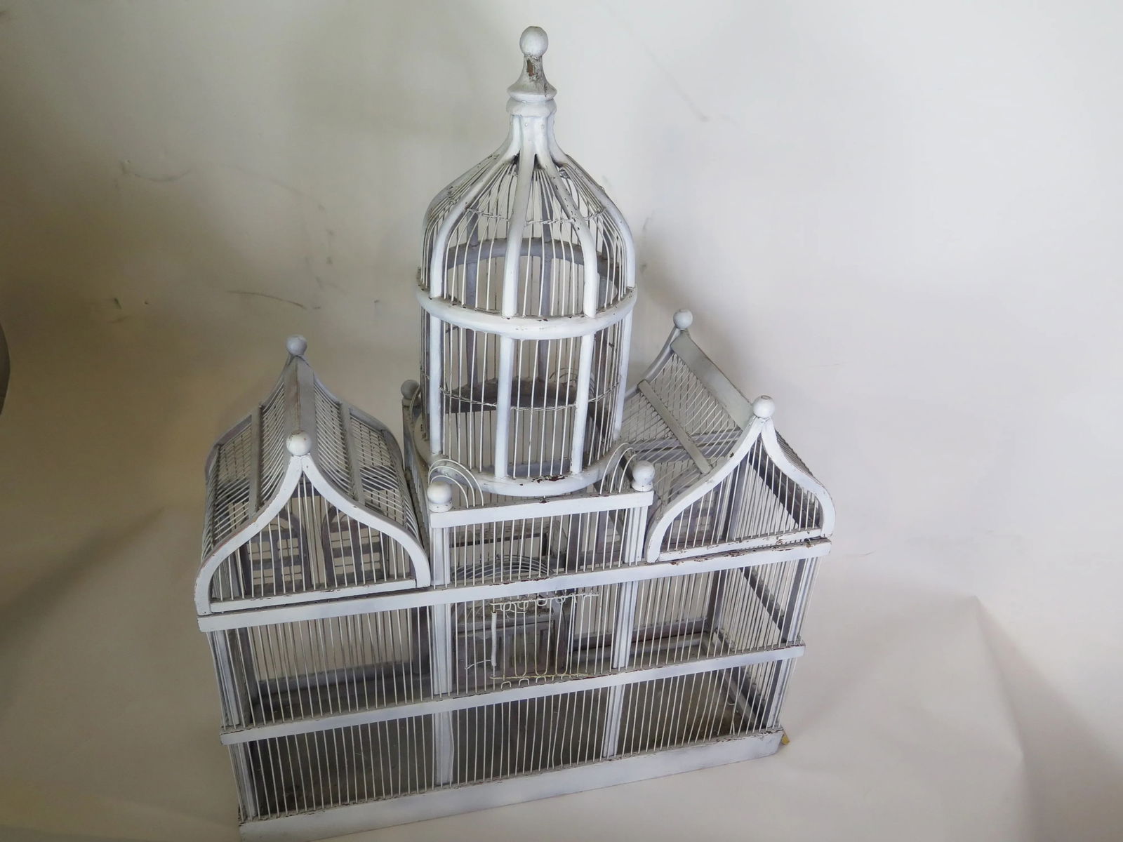 Large French Antique Wooden and Wire Off White Patina Sculptural Bird Cage - 4