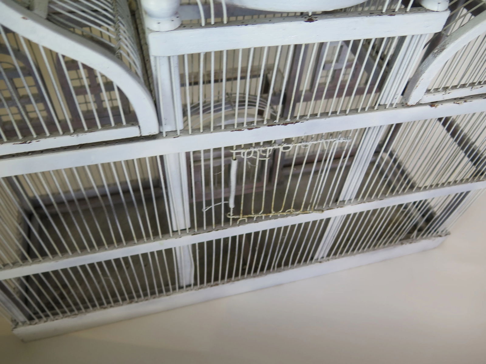 Large French Antique Wooden and Wire Off White Patina Sculptural Bird Cage - 5