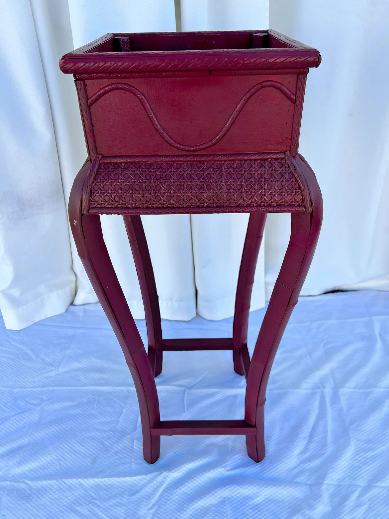 Vintage Red Split Bamboo and Rattan Caning Plant Stand Newly Painted Ruby Red - 12
